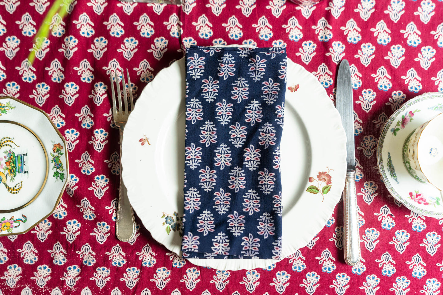 Ajrak Block-Print Dinner Napkins with Blue Flower on Navy Blue - DharBazaar
