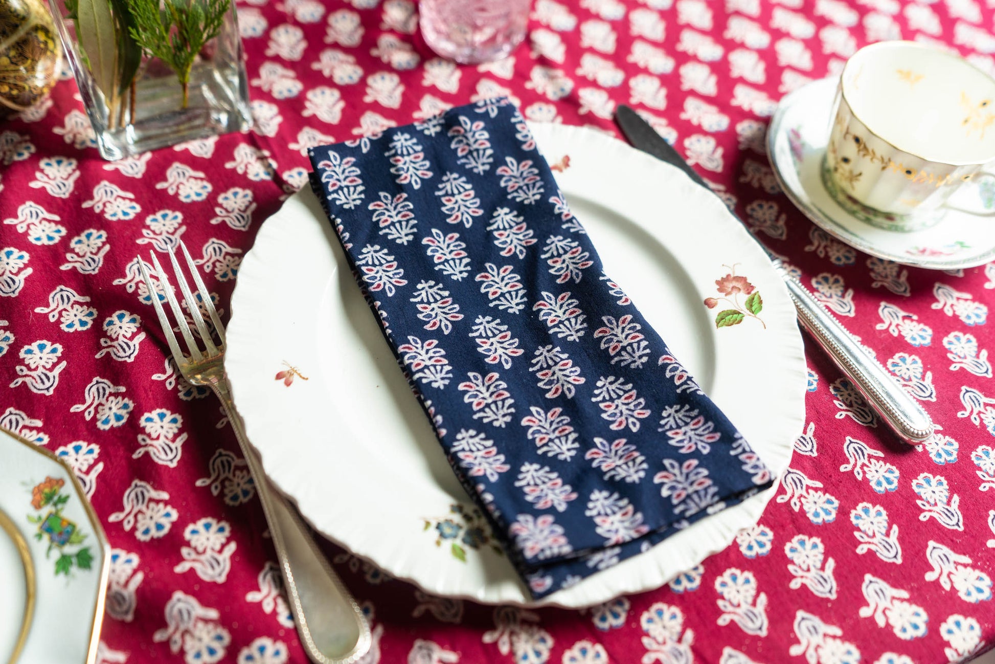 Ajrak Block-Print Dinner Napkins with Blue Flower Pattern - DharBazaar