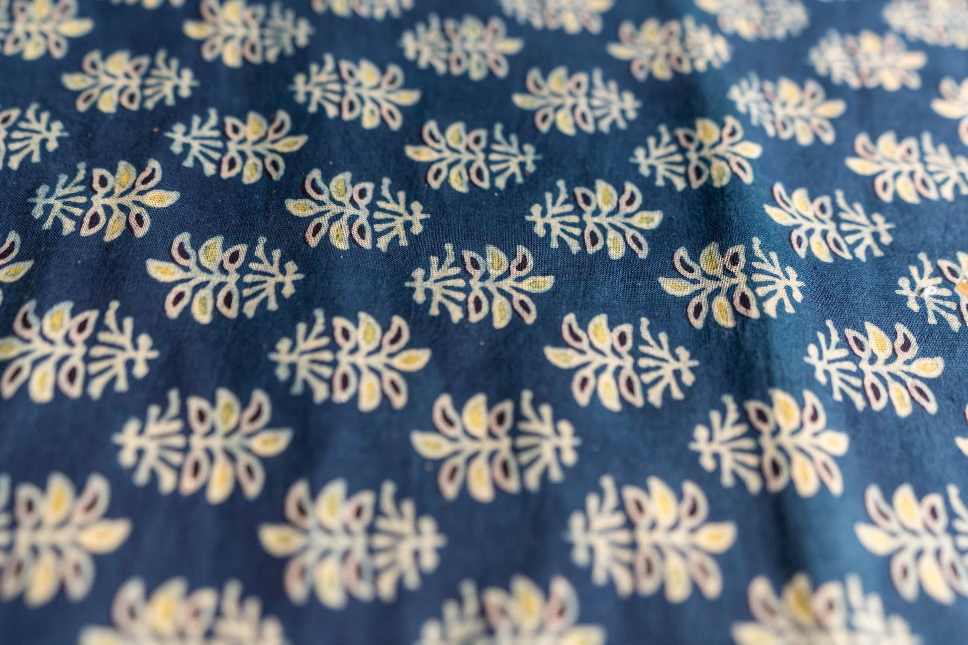 Ajrak Block-Print Tablecloth with Yellow Plant on Blue - DharBazaar
