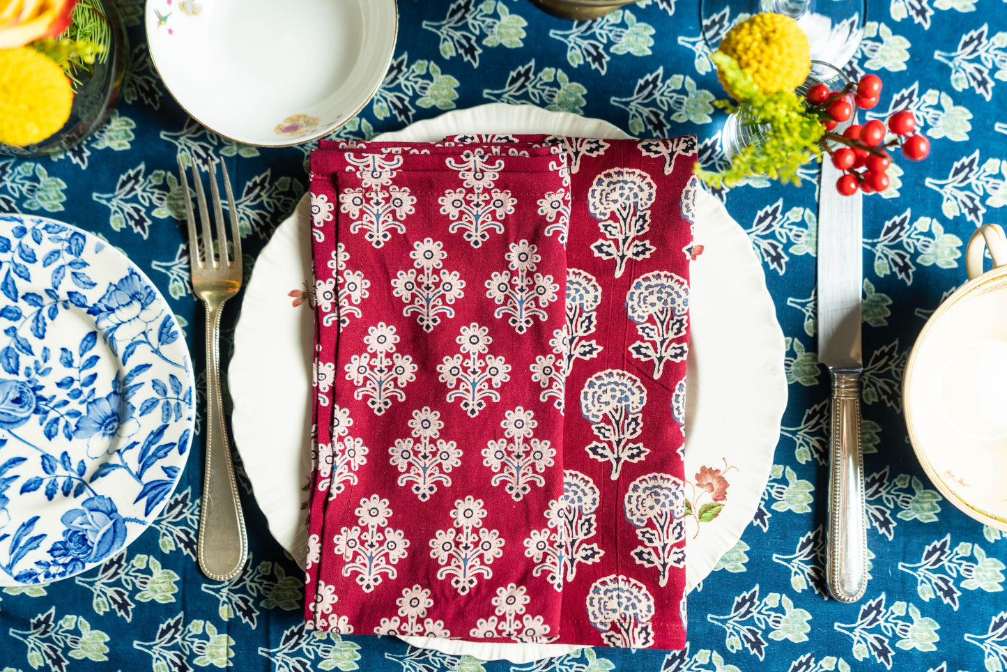 Ajrak Block-Print Tablecloth with Blue Iris - DharBazaar