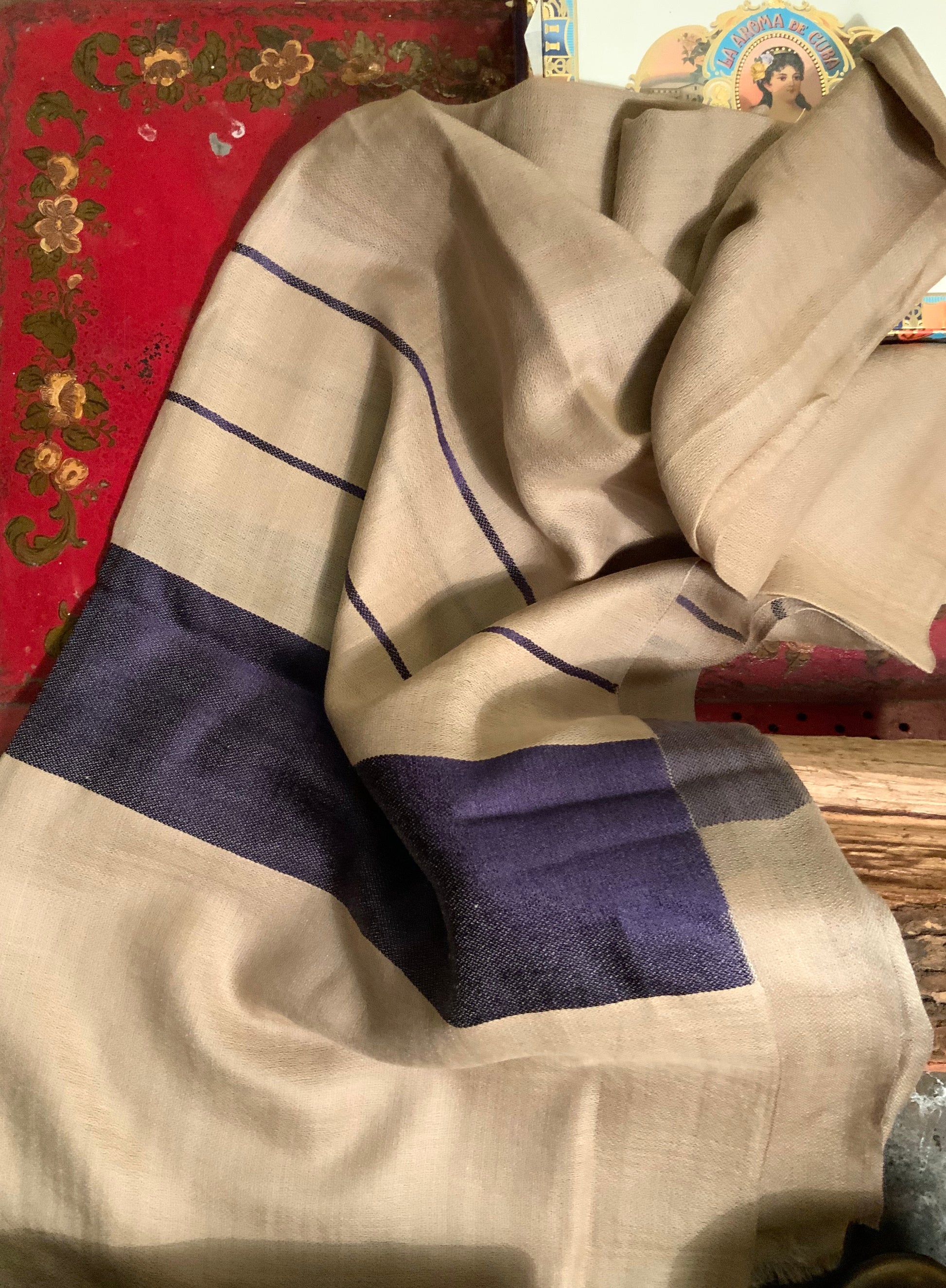 Kashmiri Shawl with Beige with Purple Stripes - DharBazaar