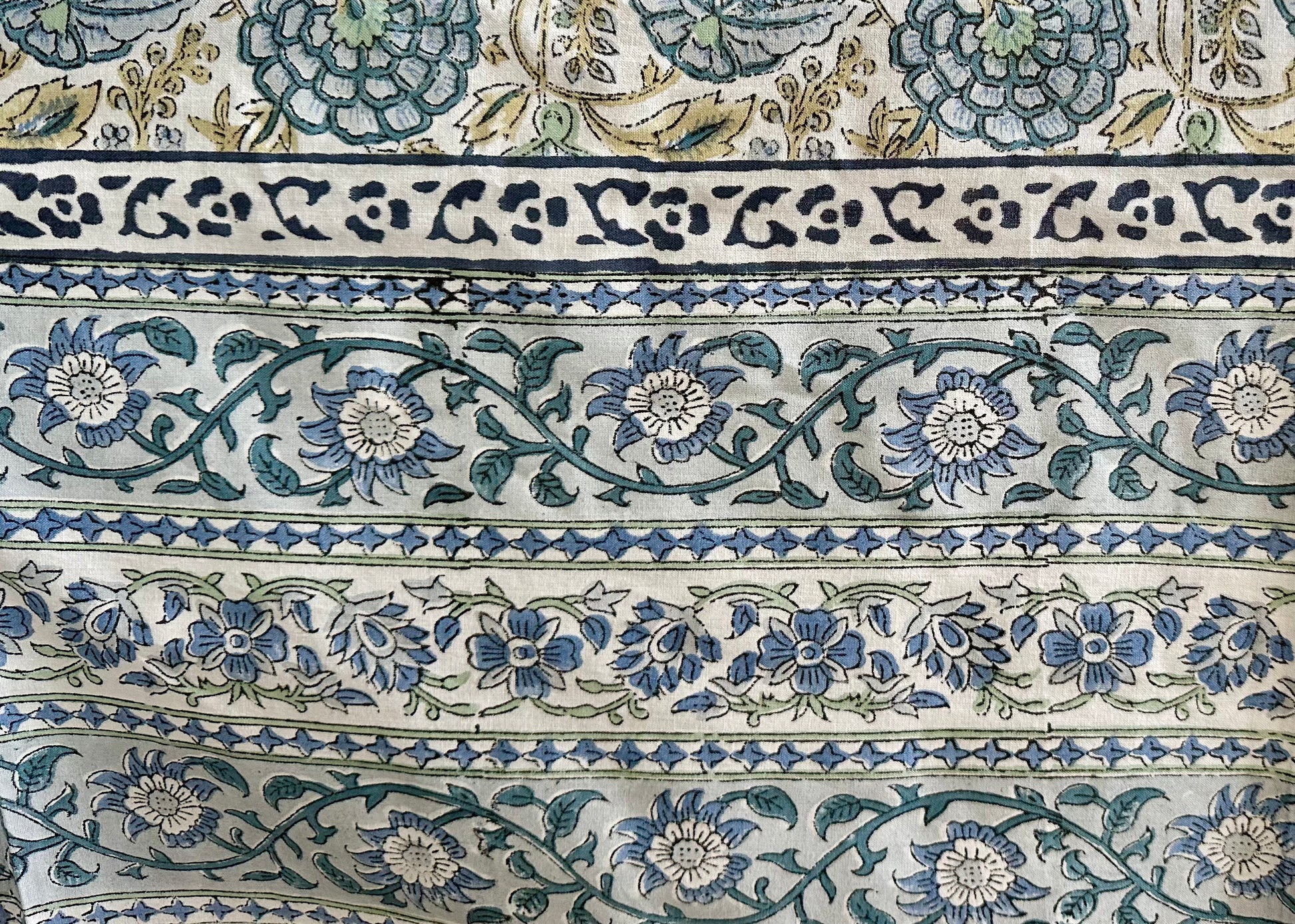 Handblock Printed Tablecloth in Blue and Green with Mughal Floral Pattern - DharBazaar
