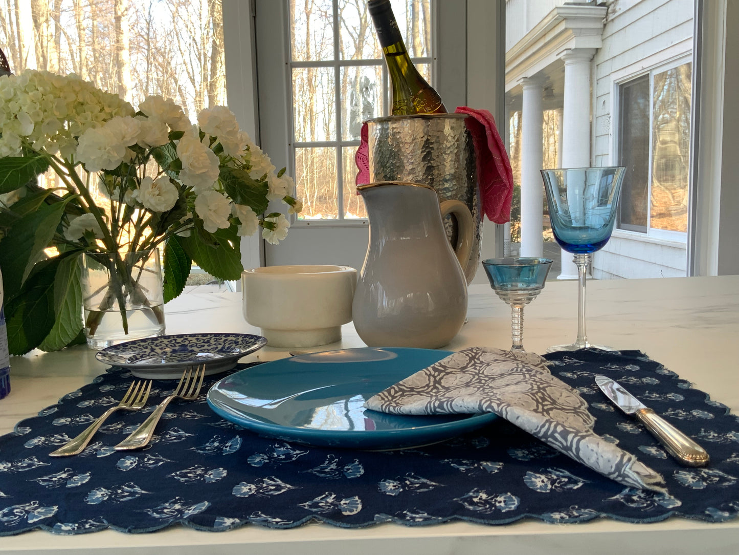Blue Block-print Cocktail Napkins with Scalloped Edges - DharBazaar