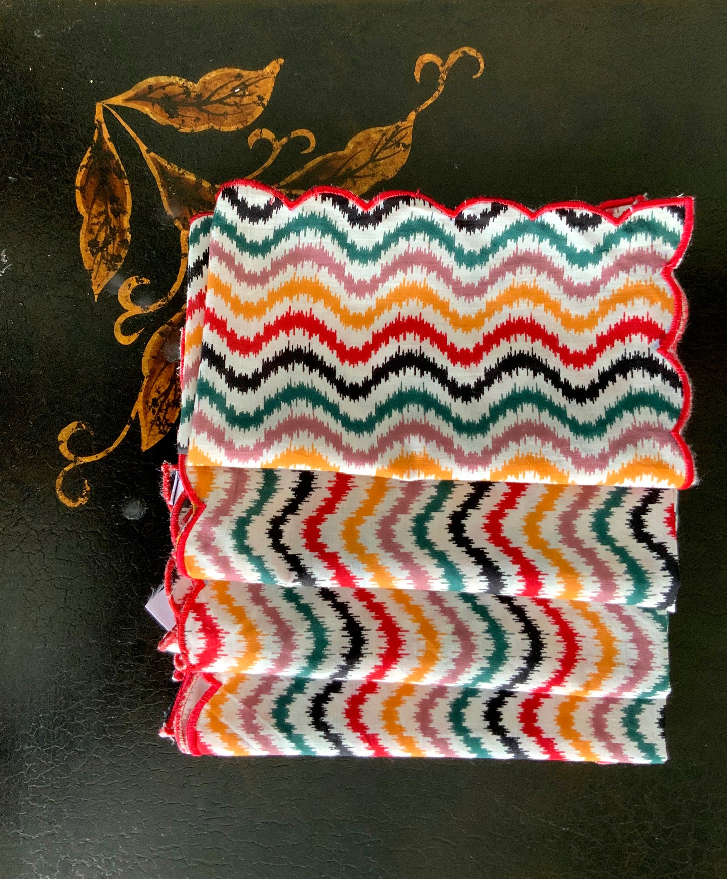 Lunch Napkins with Multi-colored Stripes and Scalloped Edges - DharBazaar