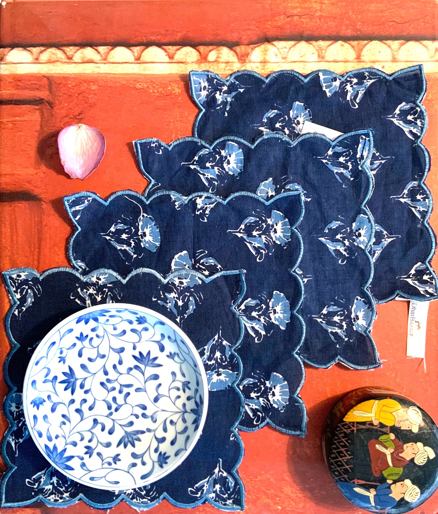 Blue Block-print Cocktail Napkins with Scalloped Edges - DharBazaar