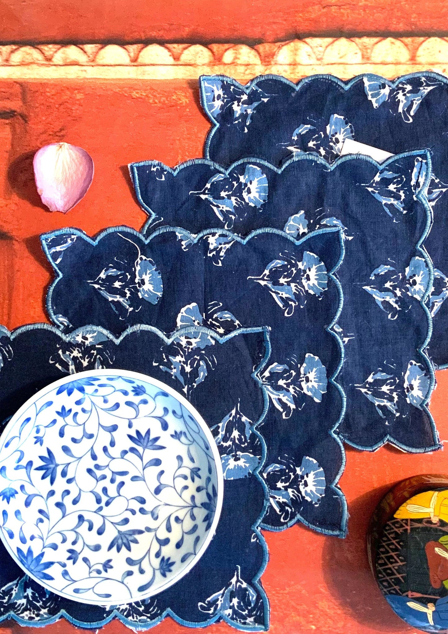 Blue Block-print Lunch Napkins with Scalloped Edges - DharBazaar