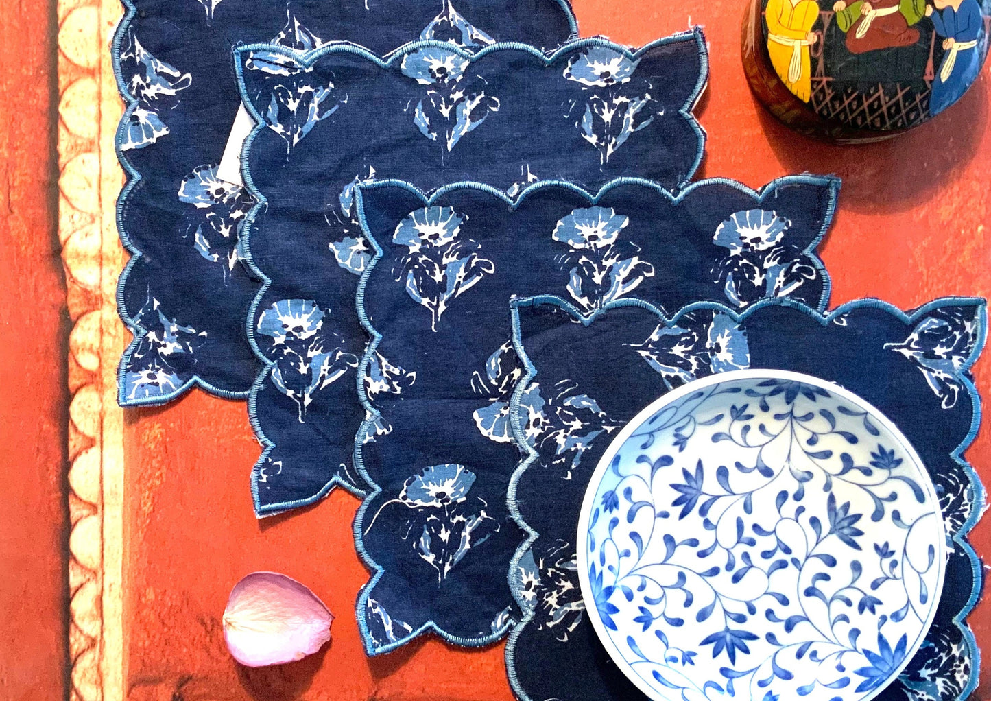 Blue Block-print Placemats with Scalloped Edges - DharBazaar