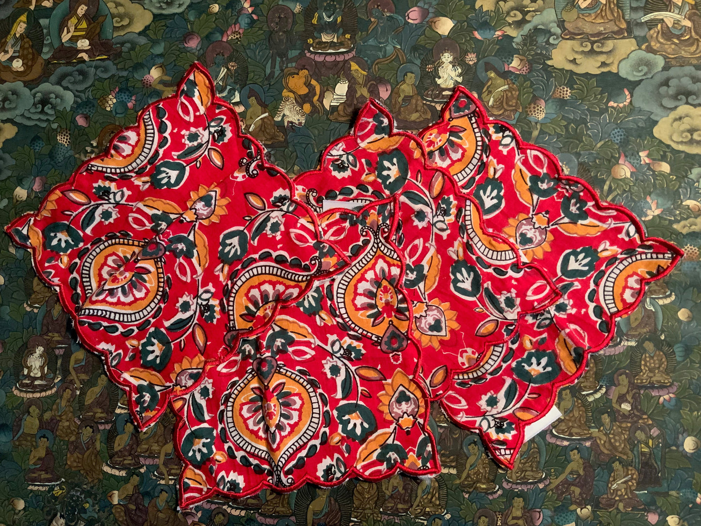 Red Block-print Placemats with Scalloped Edges - DharBazaar