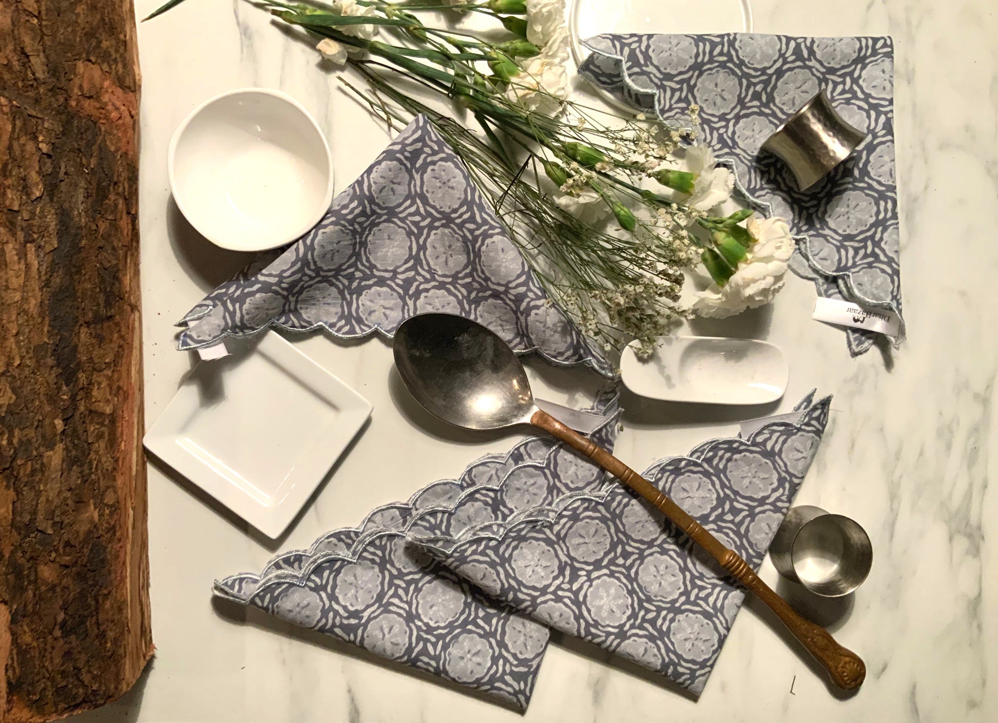 Grey Block-print Placemats with Scalloped Edges - DharBazaar