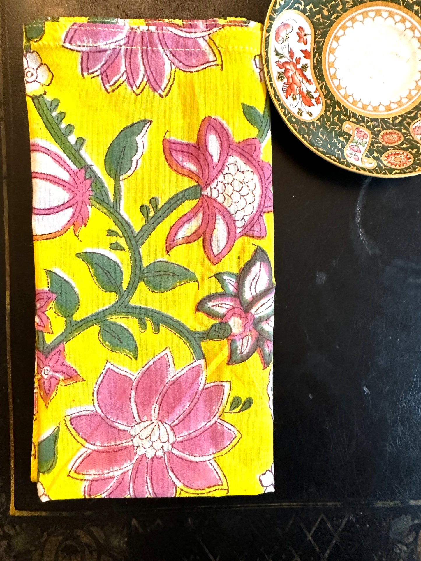 Hand-block Print Dinner Napkins of Pink Lotus on Yellow Background #TableSetting #PinkLotus #BestBlockprintNapkins - DharBazaar