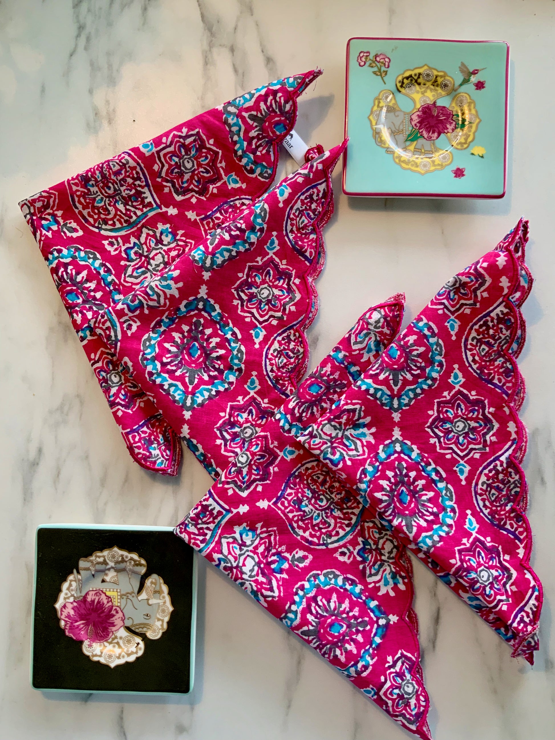 Pink Block-print Cocktail Napkins with Scalloped Edges - DharBazaar