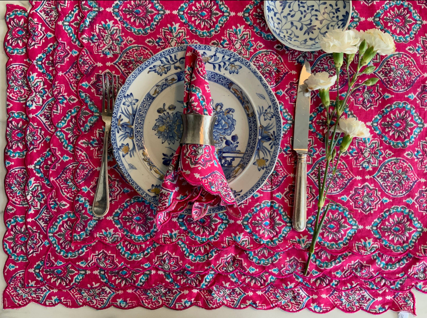 Pink Block-print Lunch Napkins with Scalloped Edges - DharBazaar