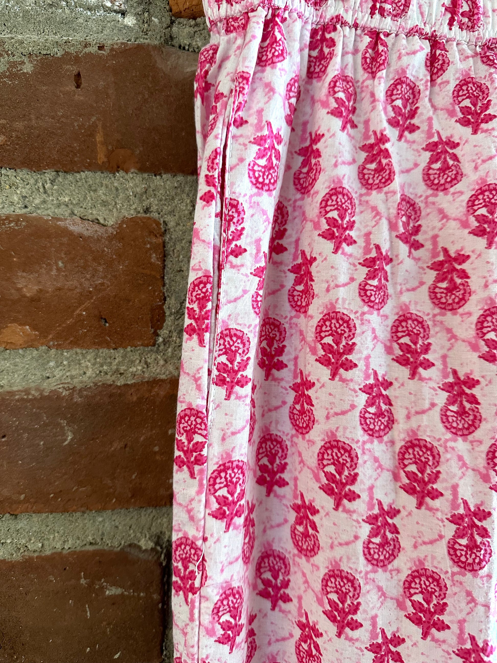 Mens Cotton Hand-block Print Pajamas in Pink and White - DharBazaar