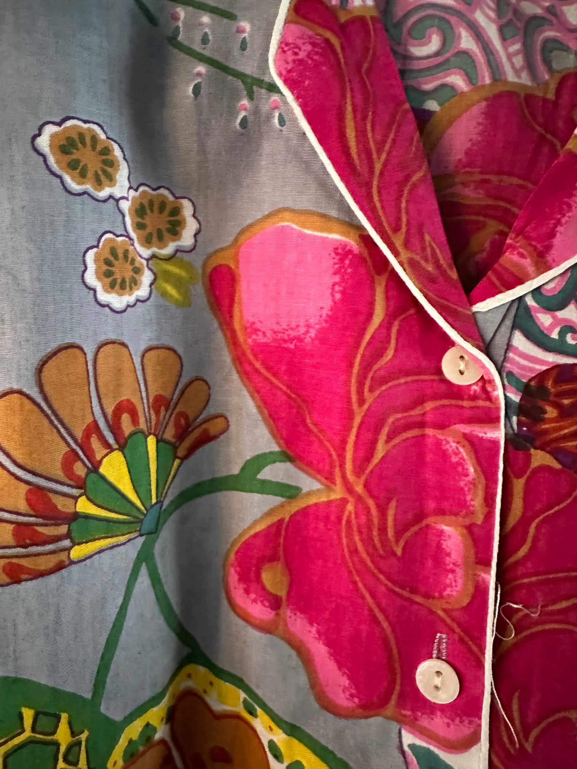Chinoiserie-Inspired Floral Cotton Pajamas in Grey & Orange - DharBazaar