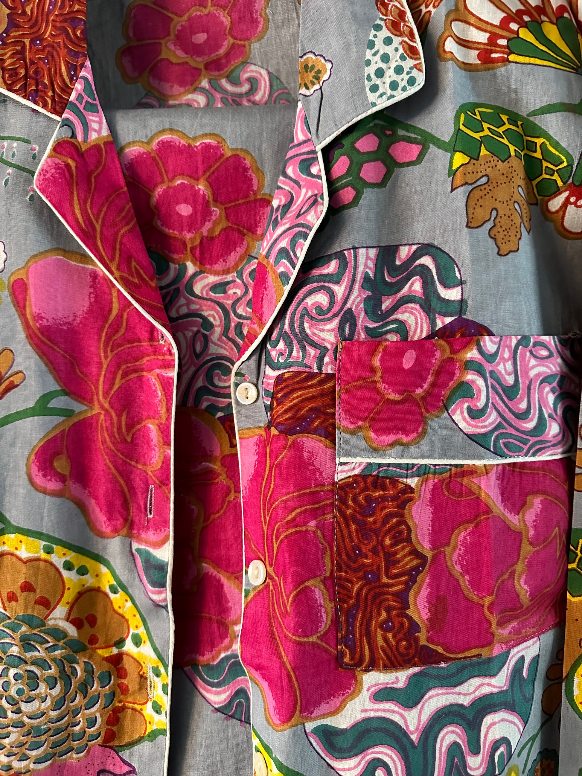 Chinoiserie-Inspired Floral Cotton Pajamas in Grey & Orange - DharBazaar