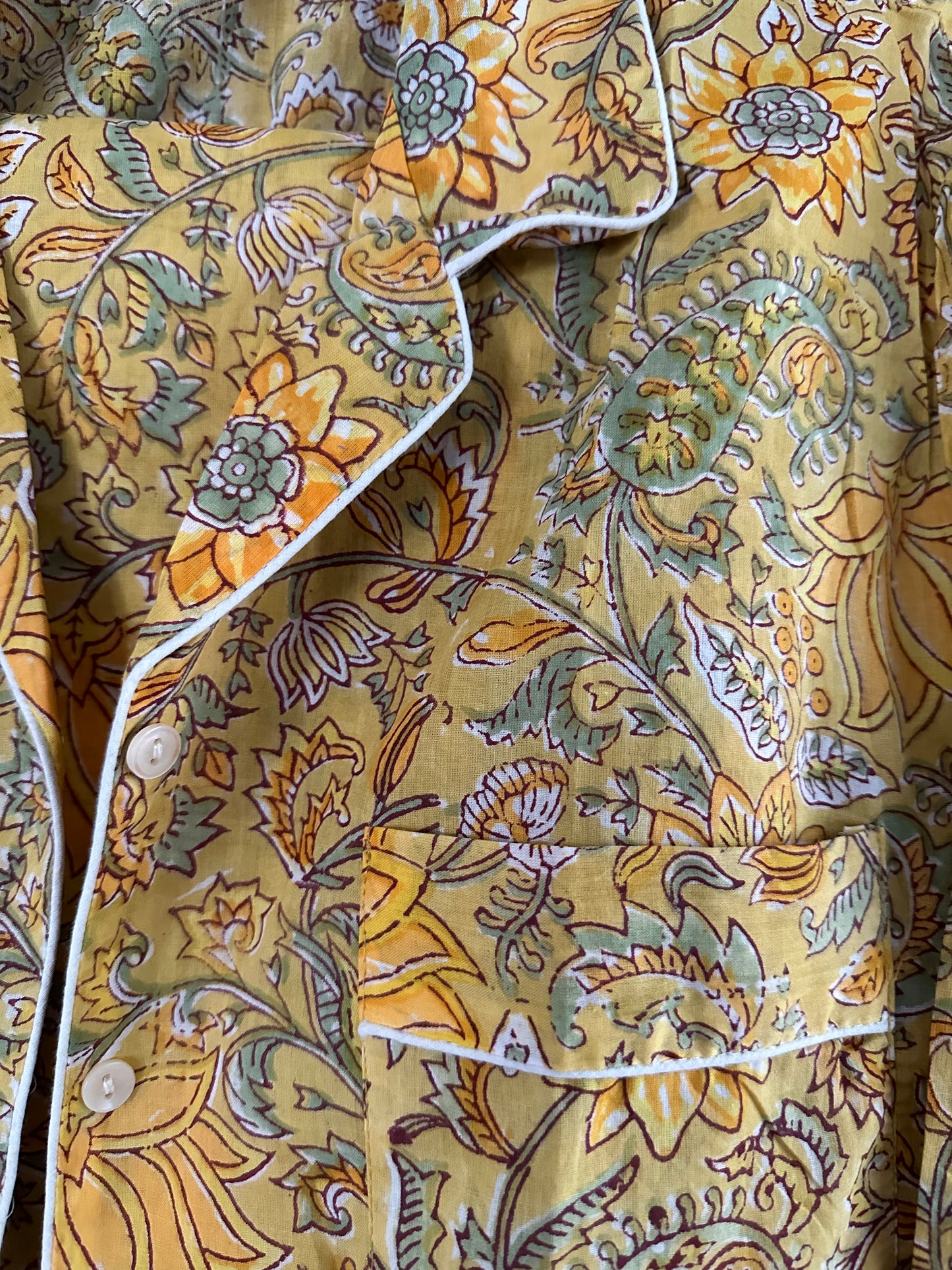 Chinoiserie Inspired Hand-block Print Pajamas in Yellow - DharBazaar