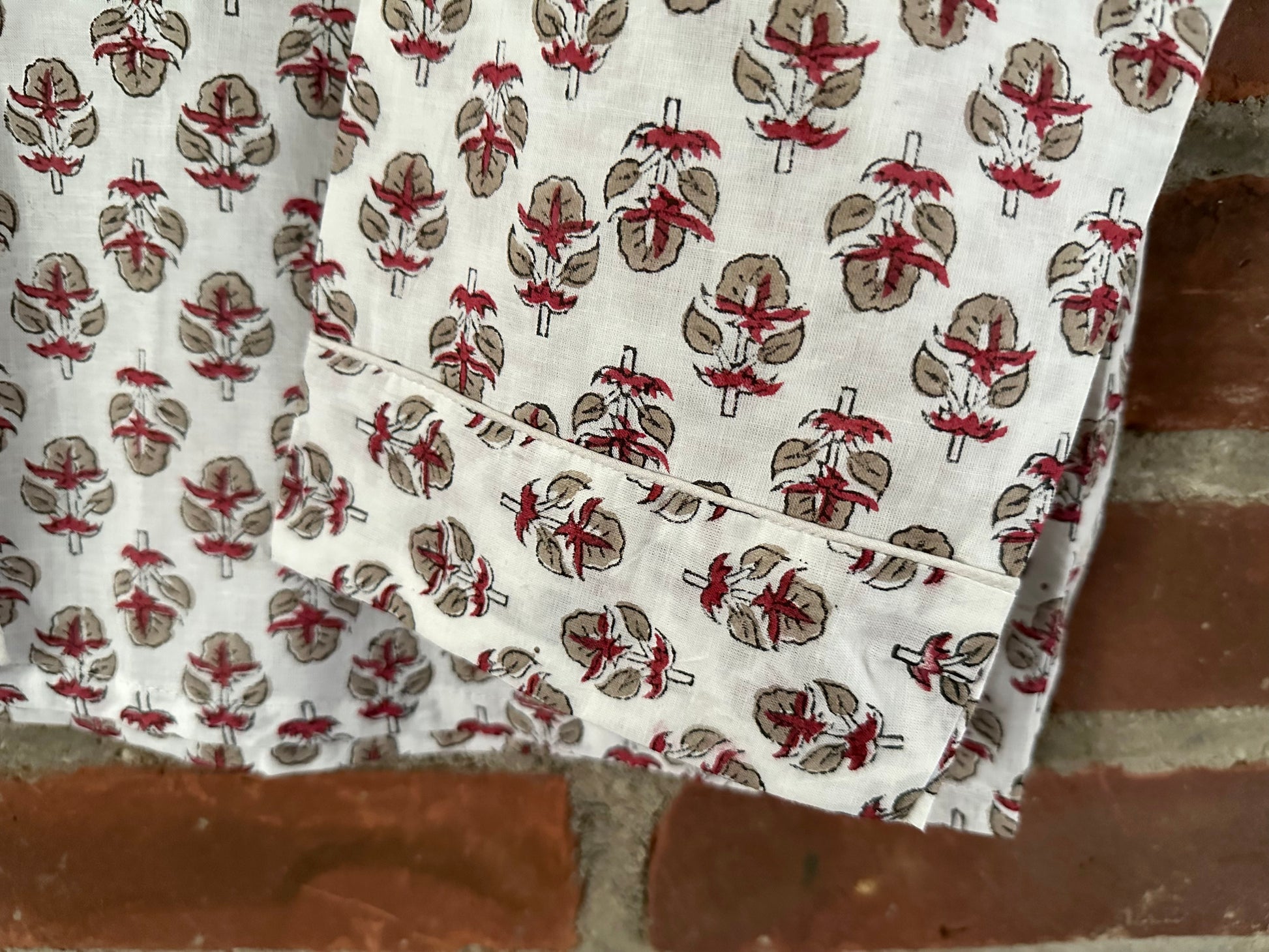 Mughal Floral Motif-Inspired Cotton Pajamas with Block-print Red Flowers - DharBazaar