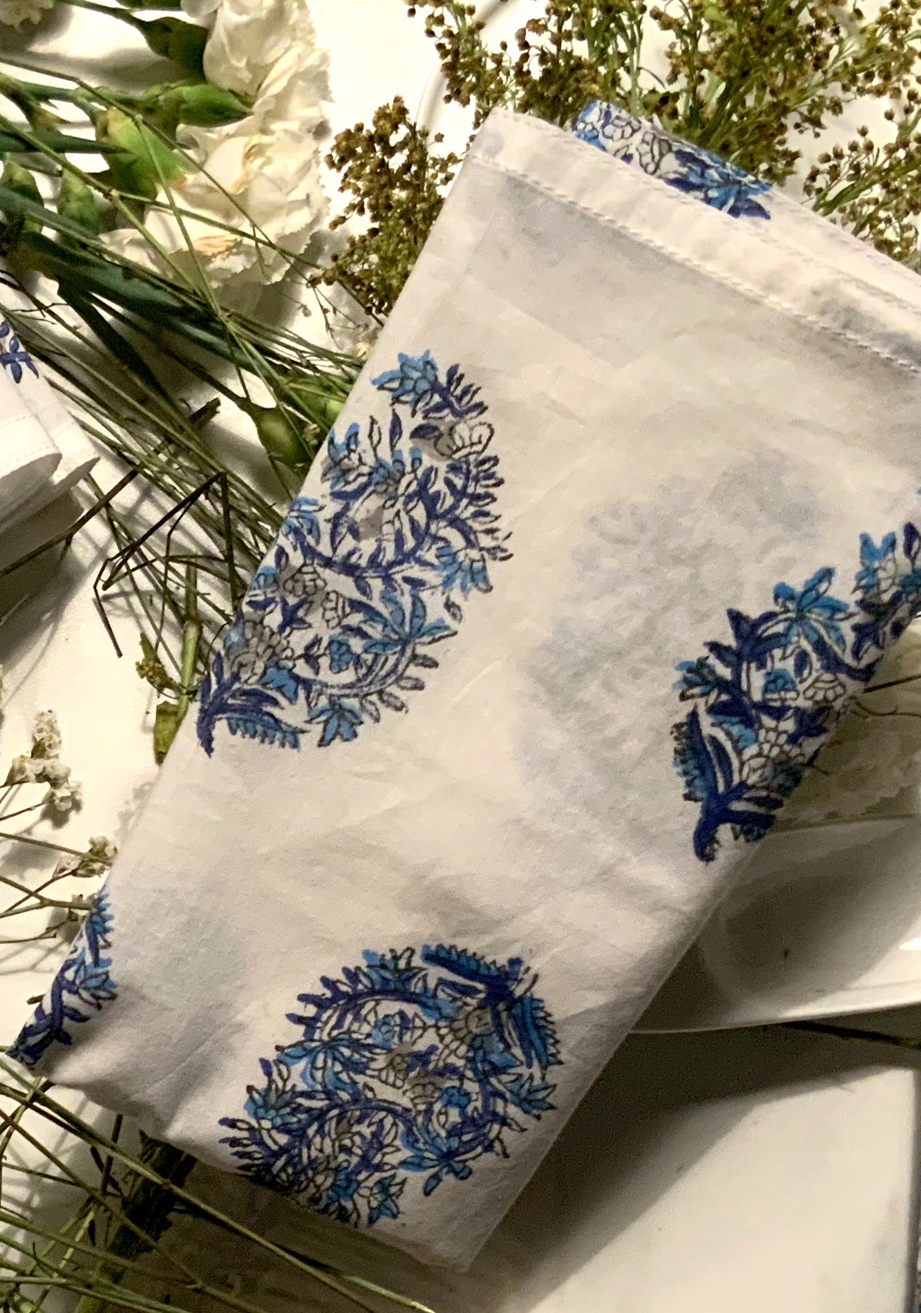 Hand-block Print Dinner Napkins of Blue  Floral Design on White Background - DharBazaar