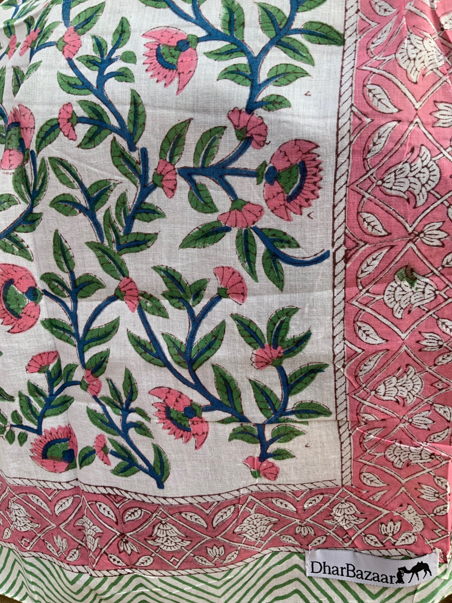 Hand-block Printed Cotton Sarong and Scarves with Pink Flowers - DharBazaar