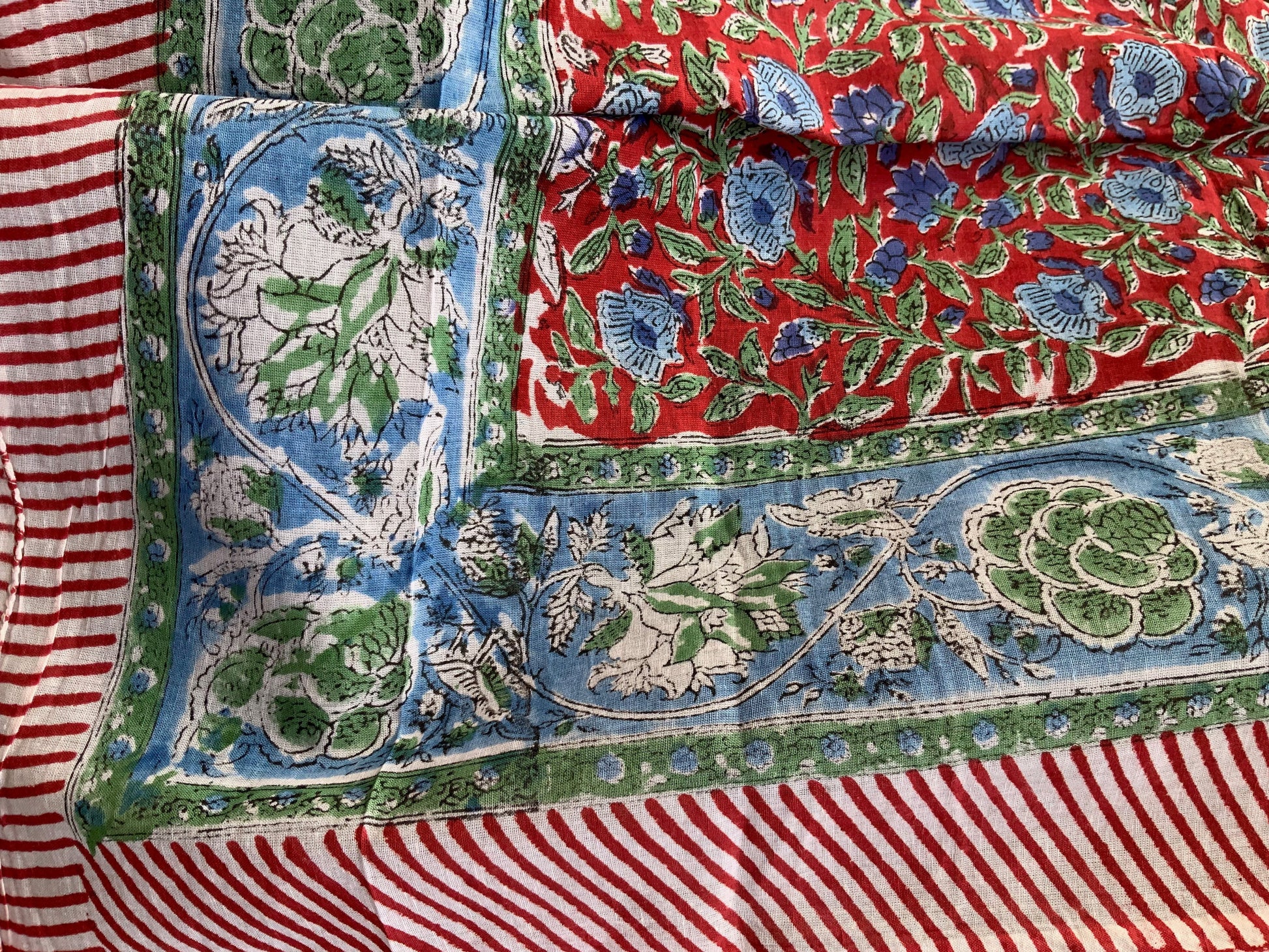 Hand-block Printed Cotton Sarong and Scarves with Blue Flowers on Red Background - DharBazaar
