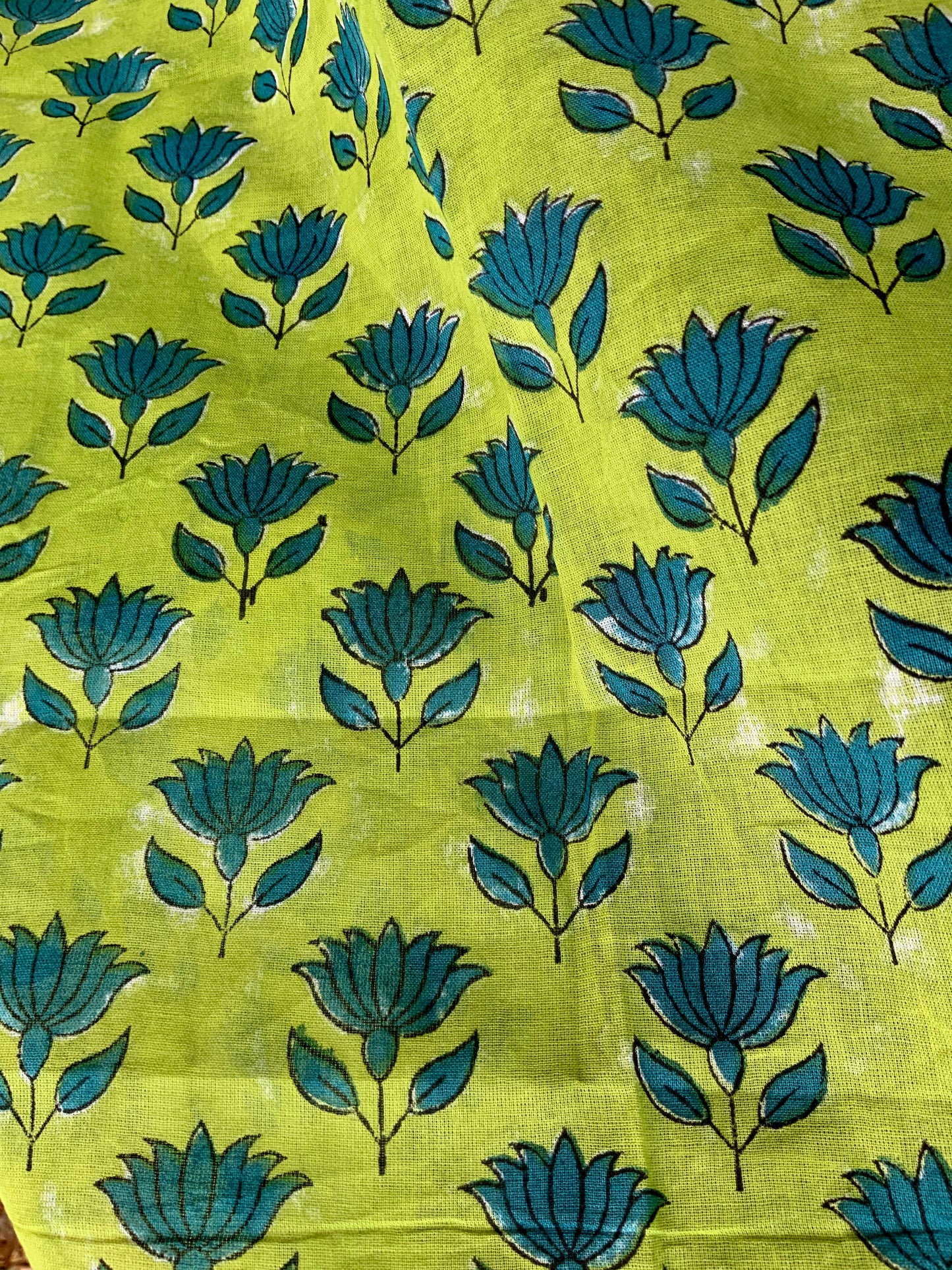 Hand-block Printed Cotton Sarong and Scarves With Green Lotus Flowers on Green Background - DharBazaar