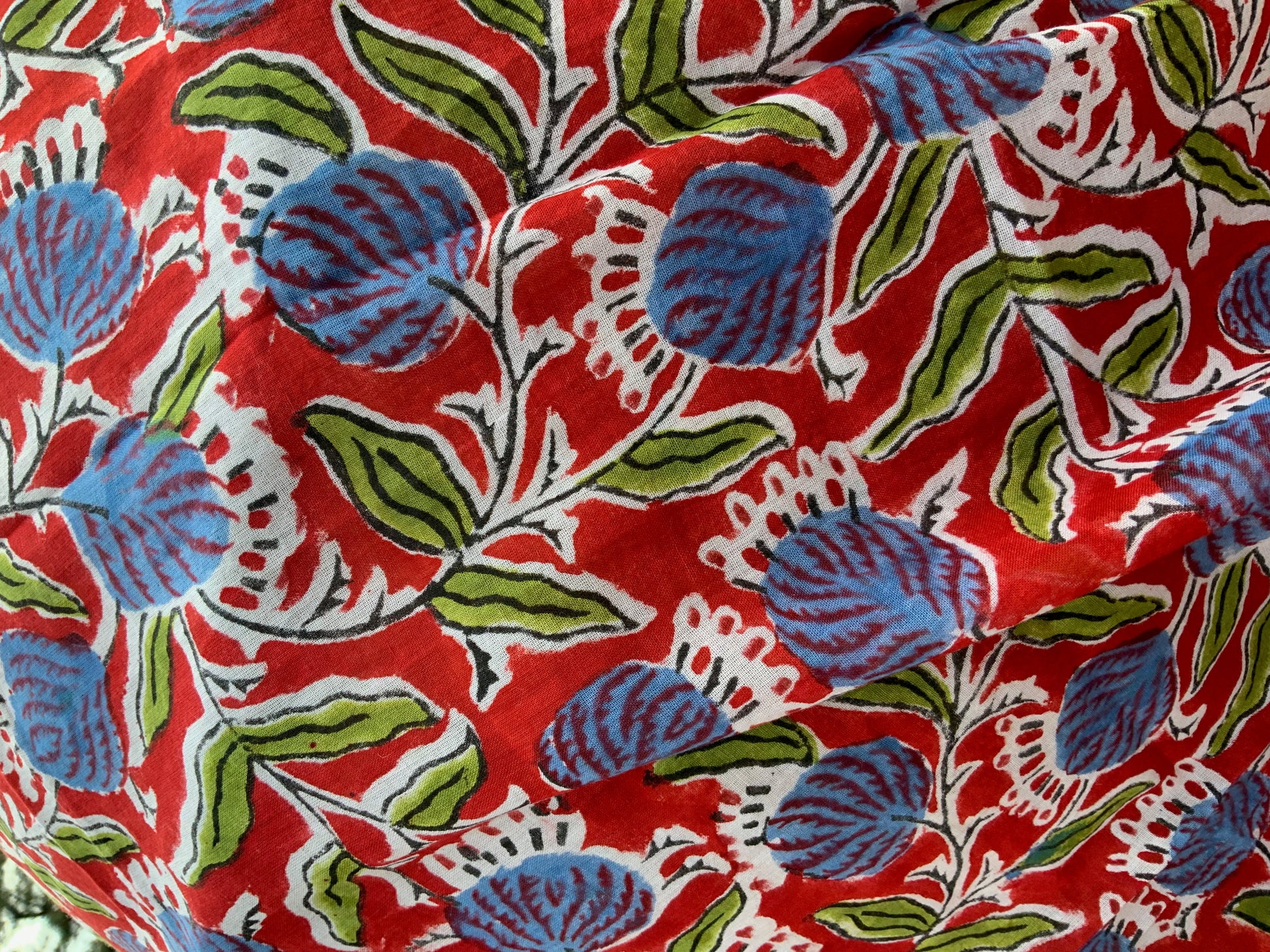 Hand-block Printed Cotton Sarong and Scarves in Blue Flowers on Brick Red Background - DharBazaar