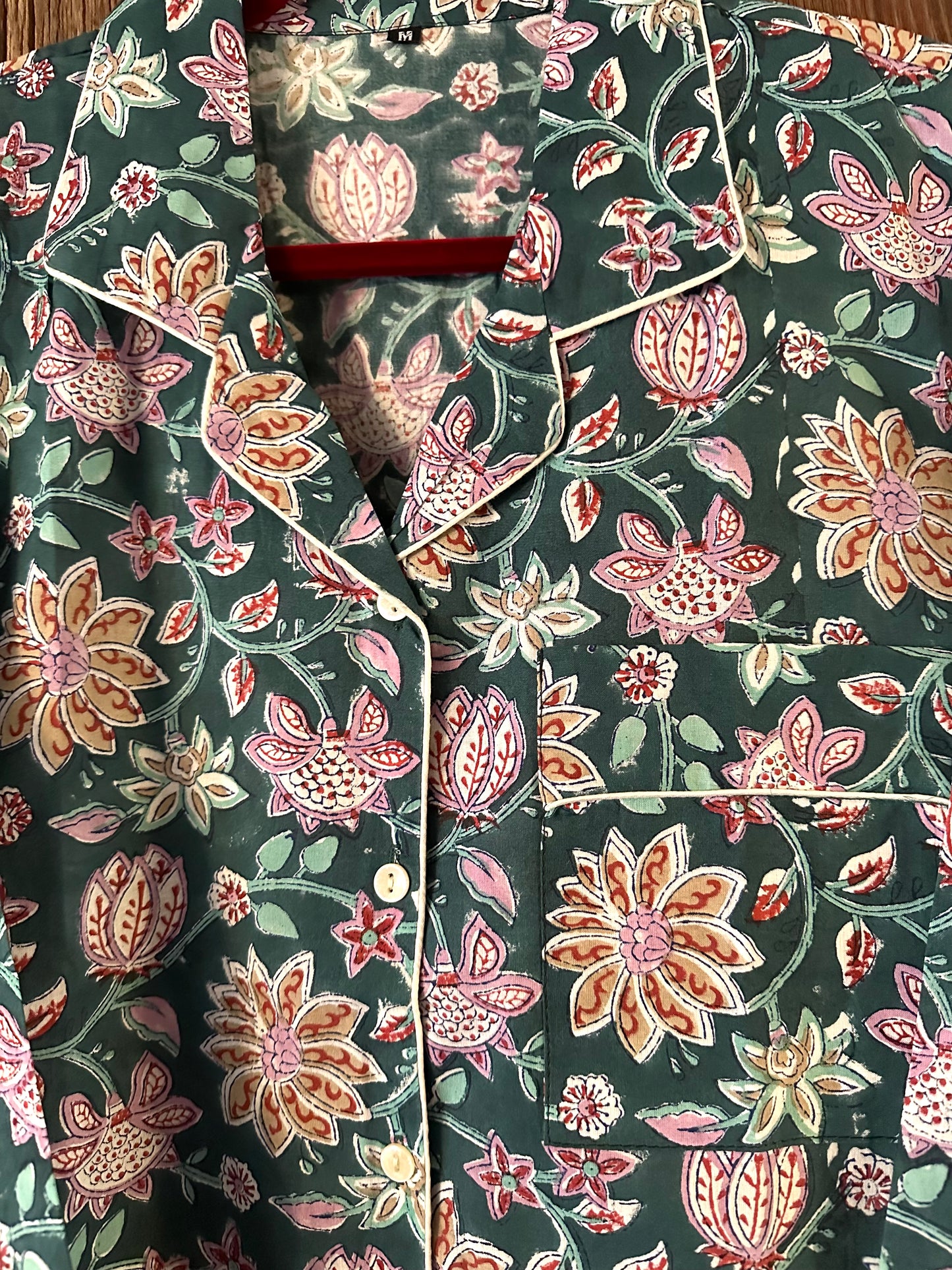 Chinoiserie Inspired Hand-block Print Pajamas in Green & Pink - DharBazaar