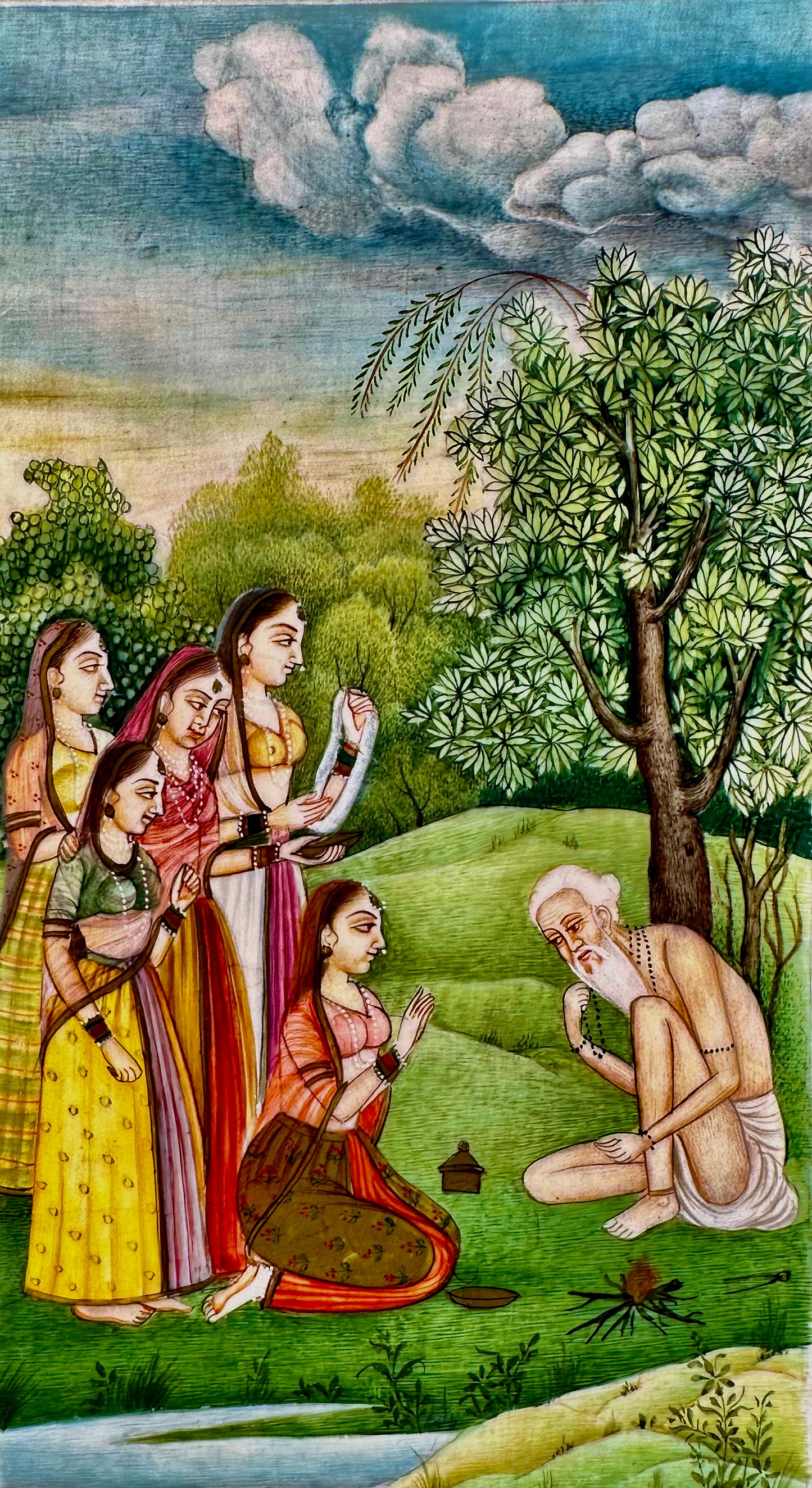 Indian Miniature Painting on Ivory of Women Paying Respects to Old Sage (Late 19th Century) - DharBazaar