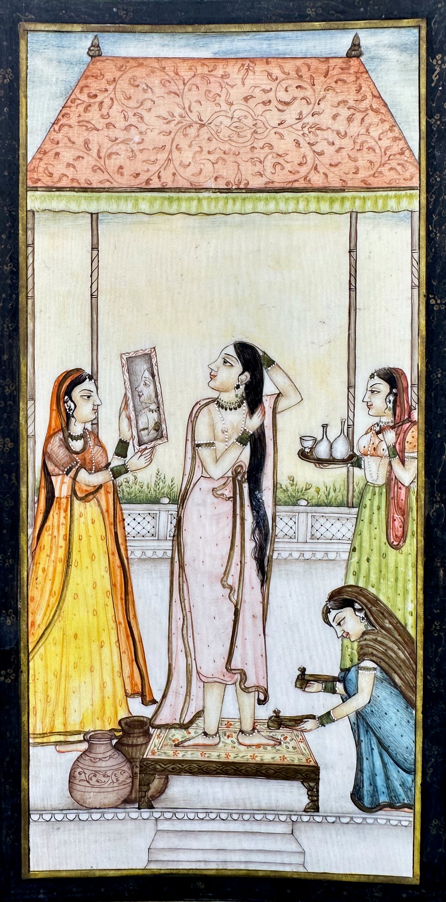 Indian Miniature Painting on Ivory of Woman Getting Dressed with Attendants (Late 19th Century) - DharBazaar