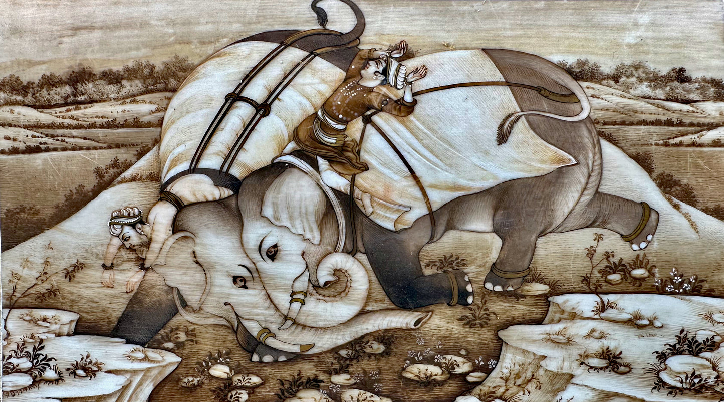 Indian Miniature Painting on Ivory of Elephants Fighting (Late 19th Century) - DharBazaar