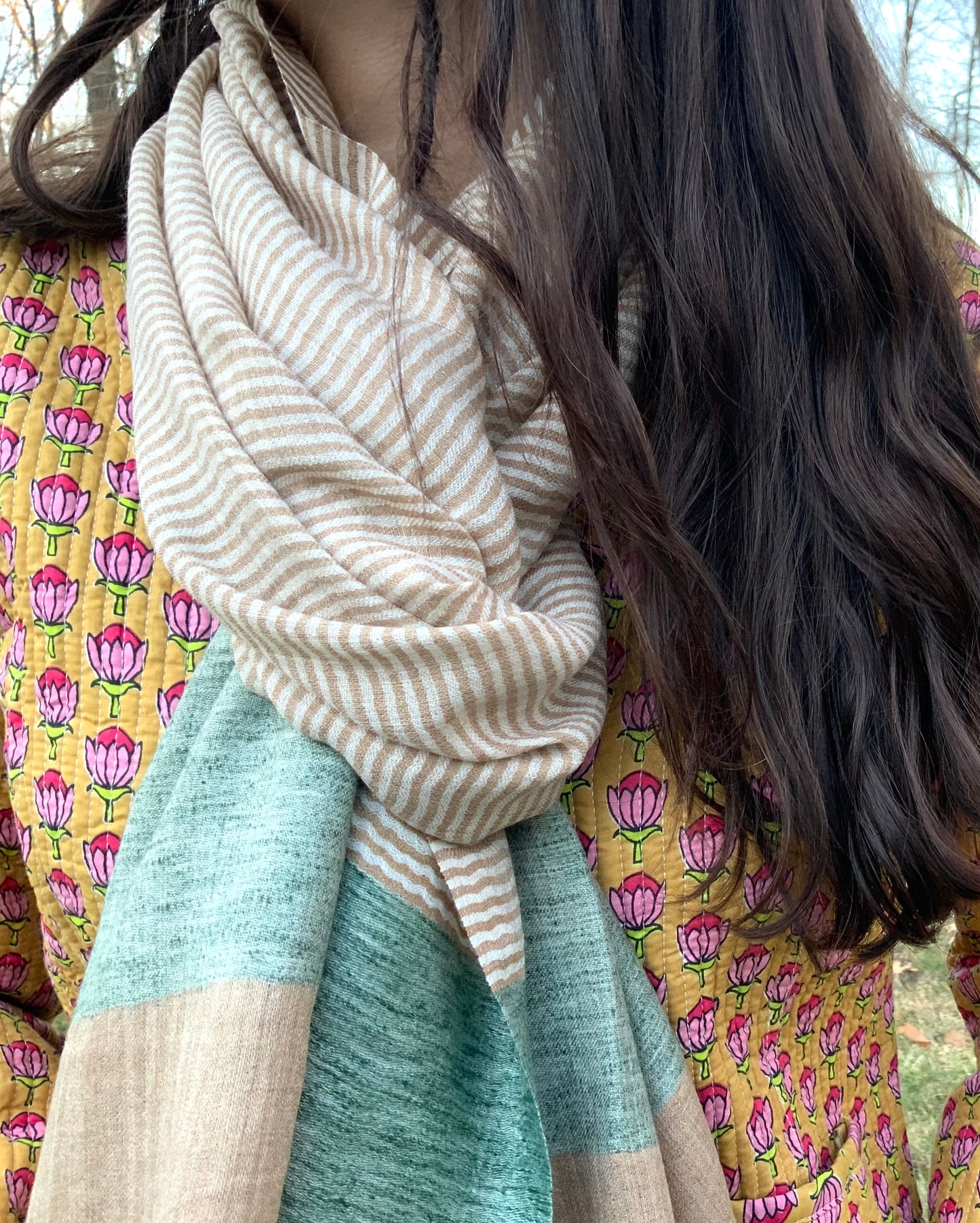 Kashmir shawl with Brown and Beige stripes and a Turquoise border #kashmirShawl #StrippedShawl #ShawlLove - DharBazaar