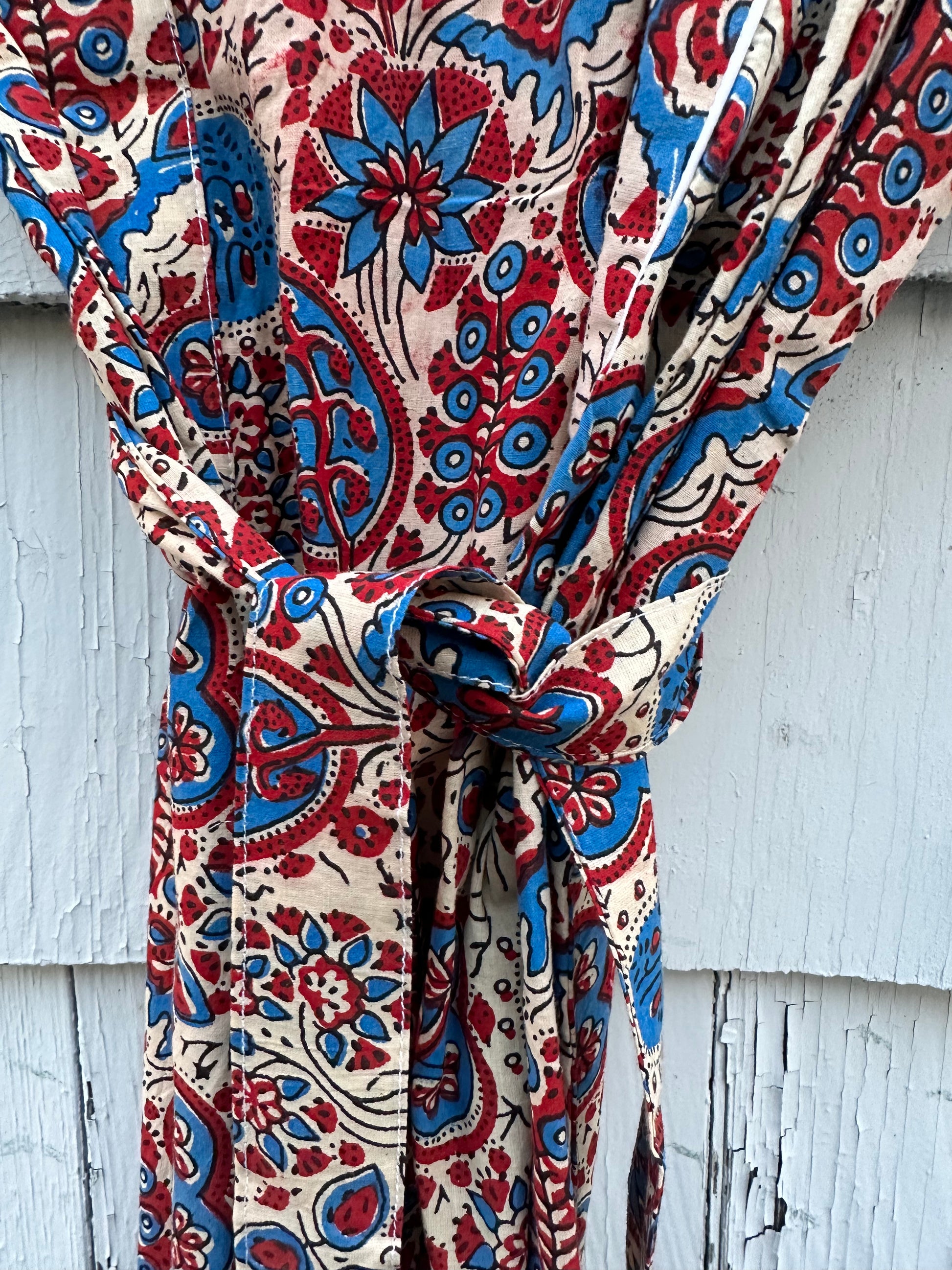 Hand-block Printed Kimono Robes in Red, Blue and Off-white - DharBazaar