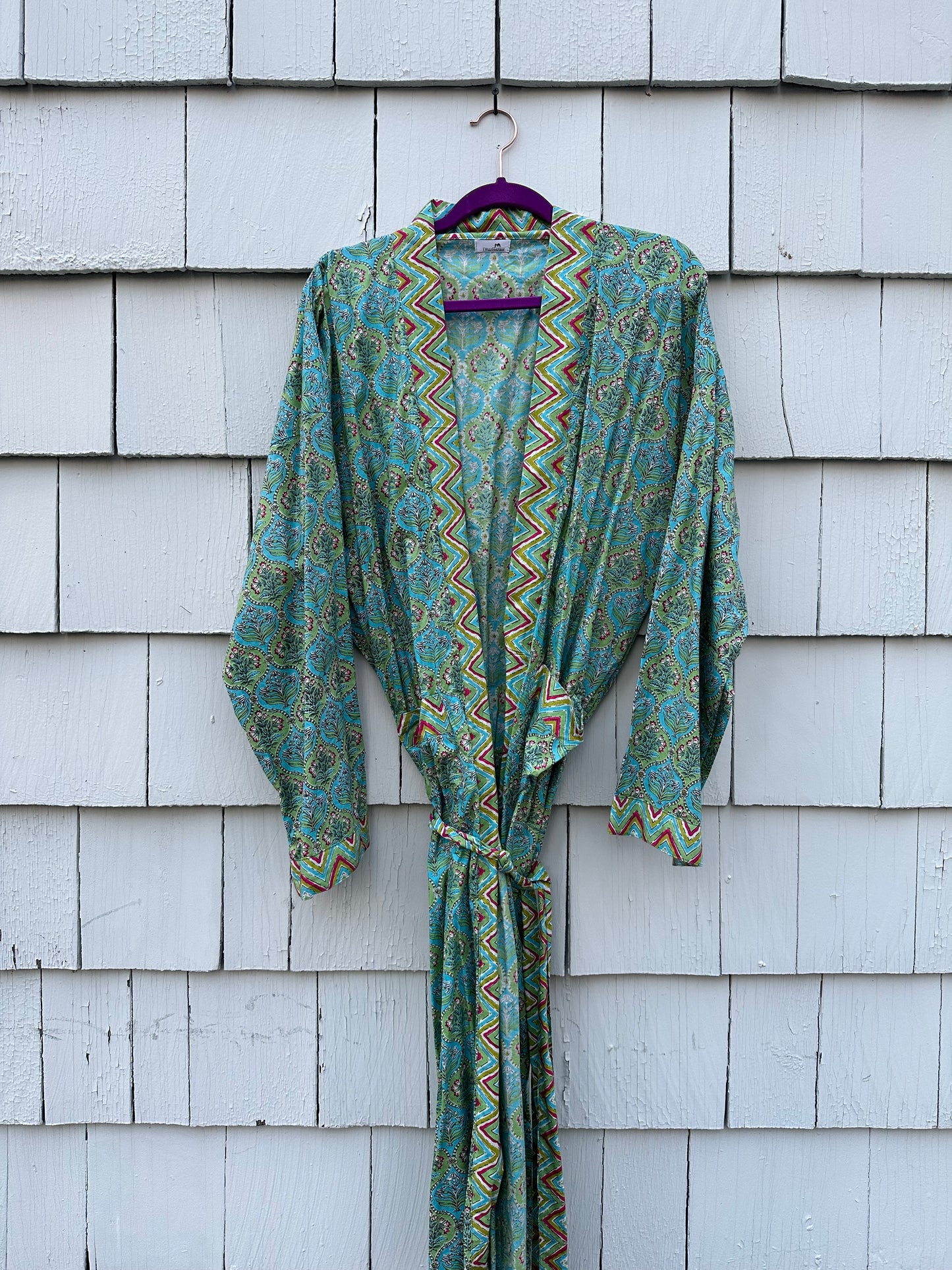 Hand-block Printed Kimono Robes in Green and Turquoise - DharBazaar