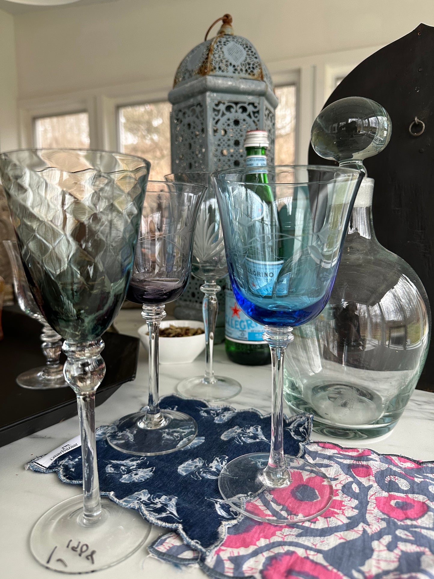 Set of four blue tinted wine glasses #BlueGlass #VintageWineGlasses #LoveWine - DharBazaar