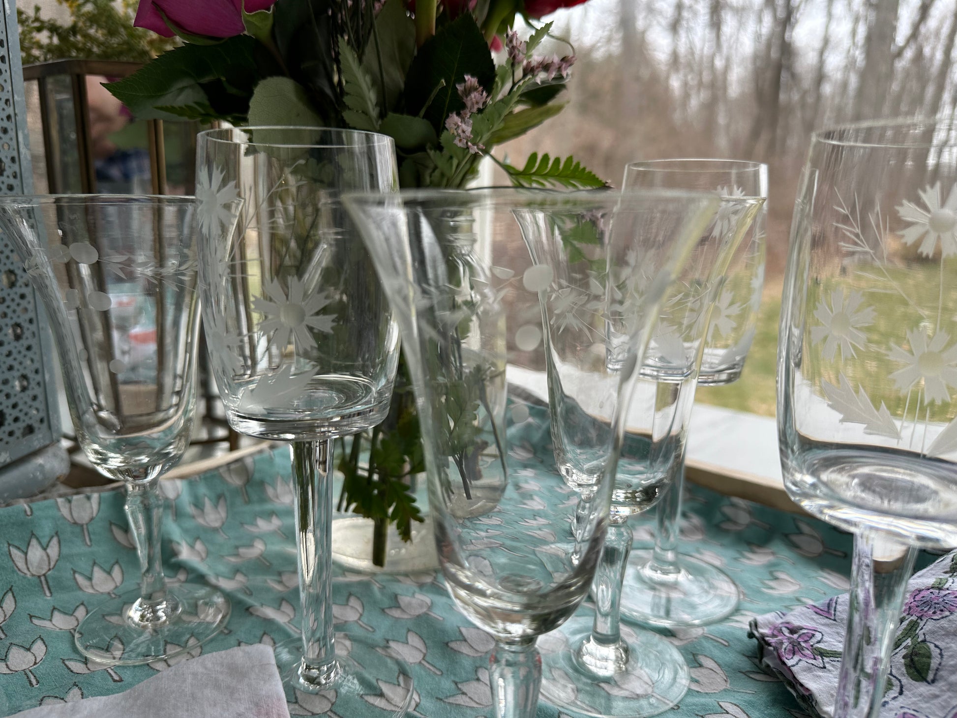 Set of six delicately etched vintage wine glasses #EtchedGlass #VintageWineGlasses #MixAndMatch - DharBazaar