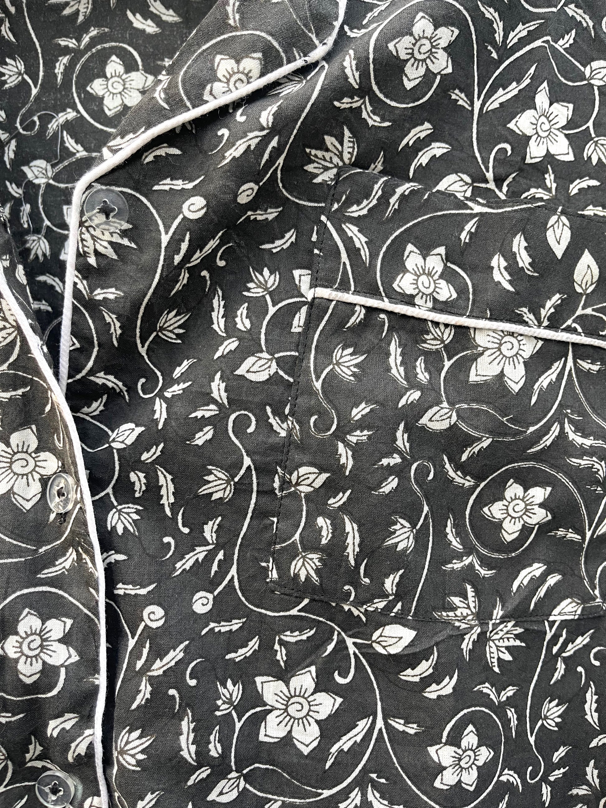 Chinoiserie Inspired Hand-block Print Pajamas with White Flowers on Black - DharBazaar