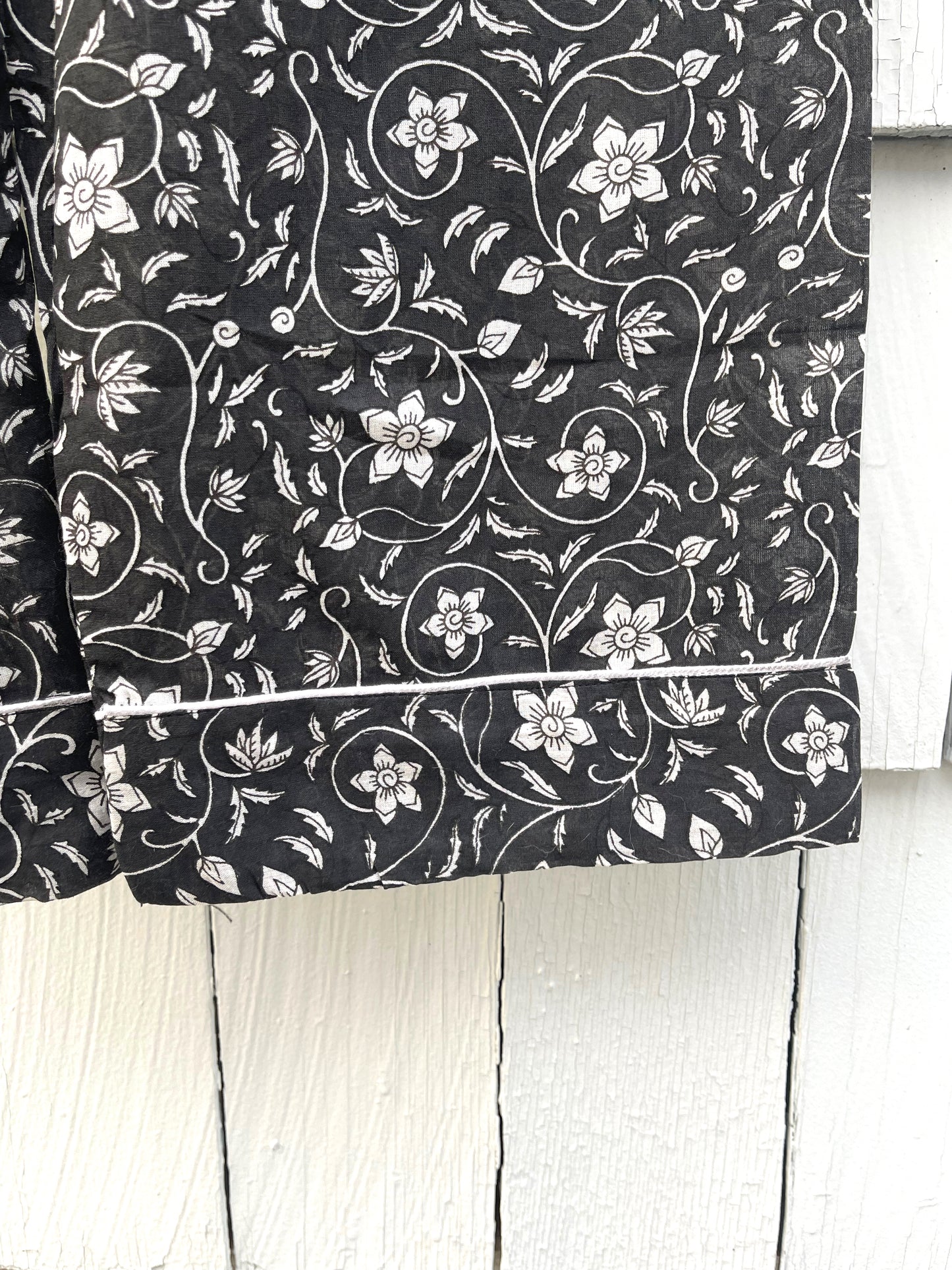 Chinoiserie Inspired Hand-block Print Pajamas with White Flowers on Black - DharBazaar