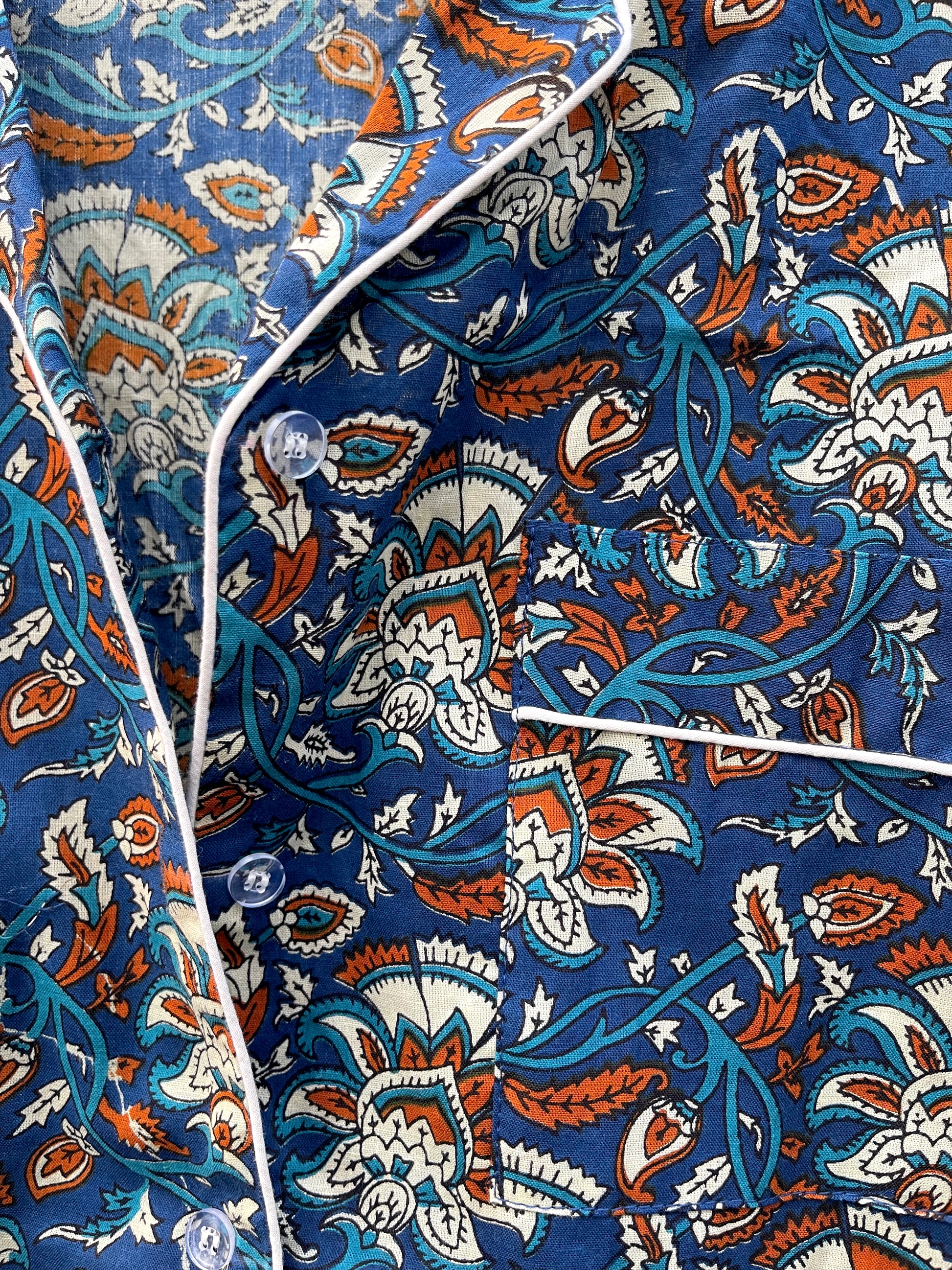 Chinoiserie Inspired Hand-block Print Pajamas in Navy Blue - DharBazaar
