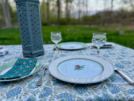 Made-to-Order Blue & Green Block Print Table Cloth, Table Linen, Wedding Table Cloth - DharBazaar
