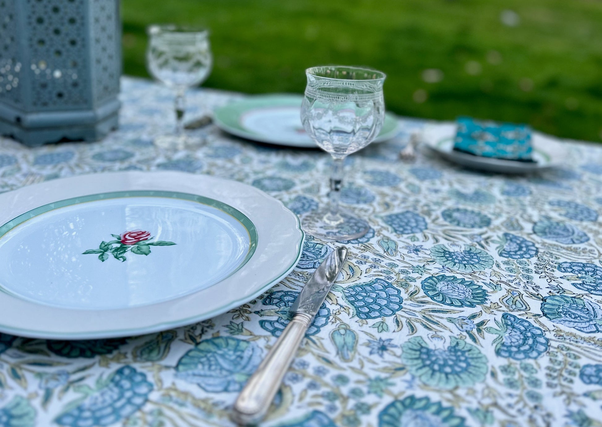 Made-to-Order Blue & Green Block Print Table Cloth, Table Linen, Wedding Table Cloth - DharBazaar