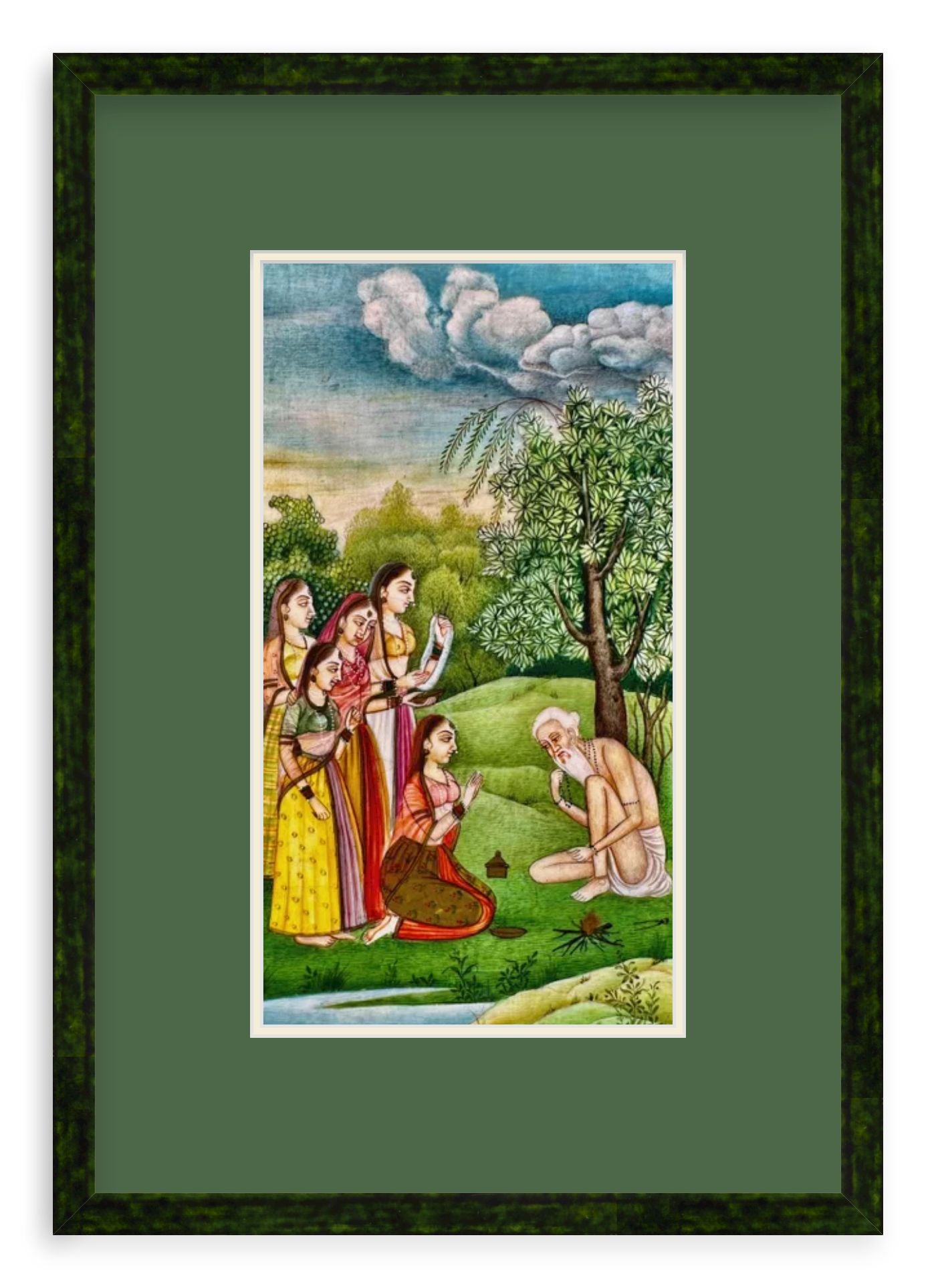 Indian Miniature Painting on Ivory of Women Paying Respects to Old Sage (Late 19th Century) - DharBazaar