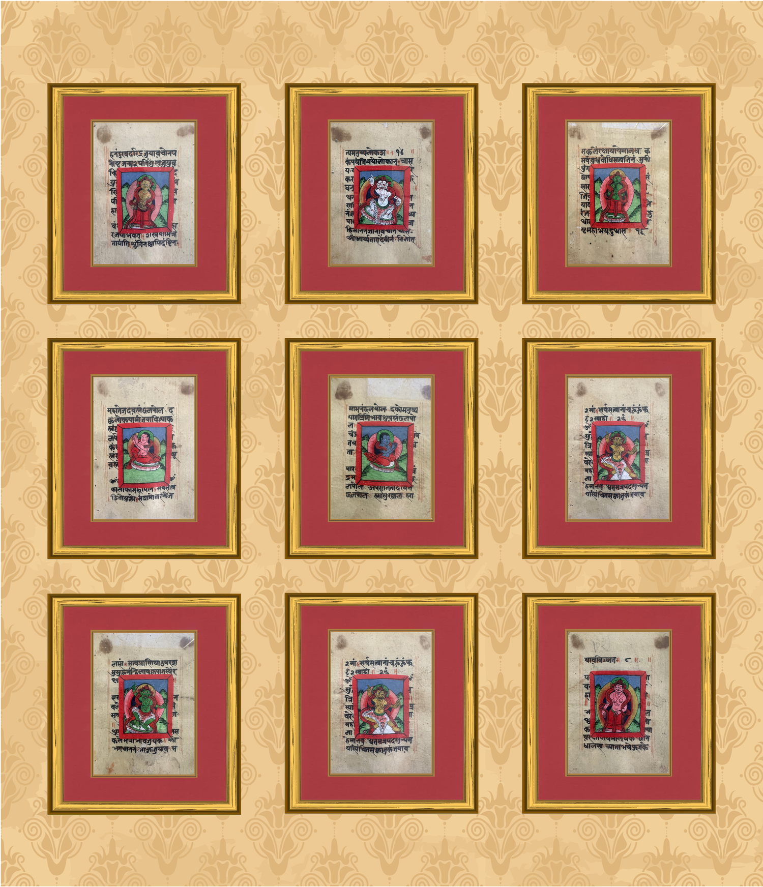 Tibetan Manuscript Paintings, Painting set of 9, Antique Buddhist Paintings, Buddhist Painting, Tibetan Art, Antique Art, Wall Art Original, Hand Painted, Series - 9 - DharBazaar