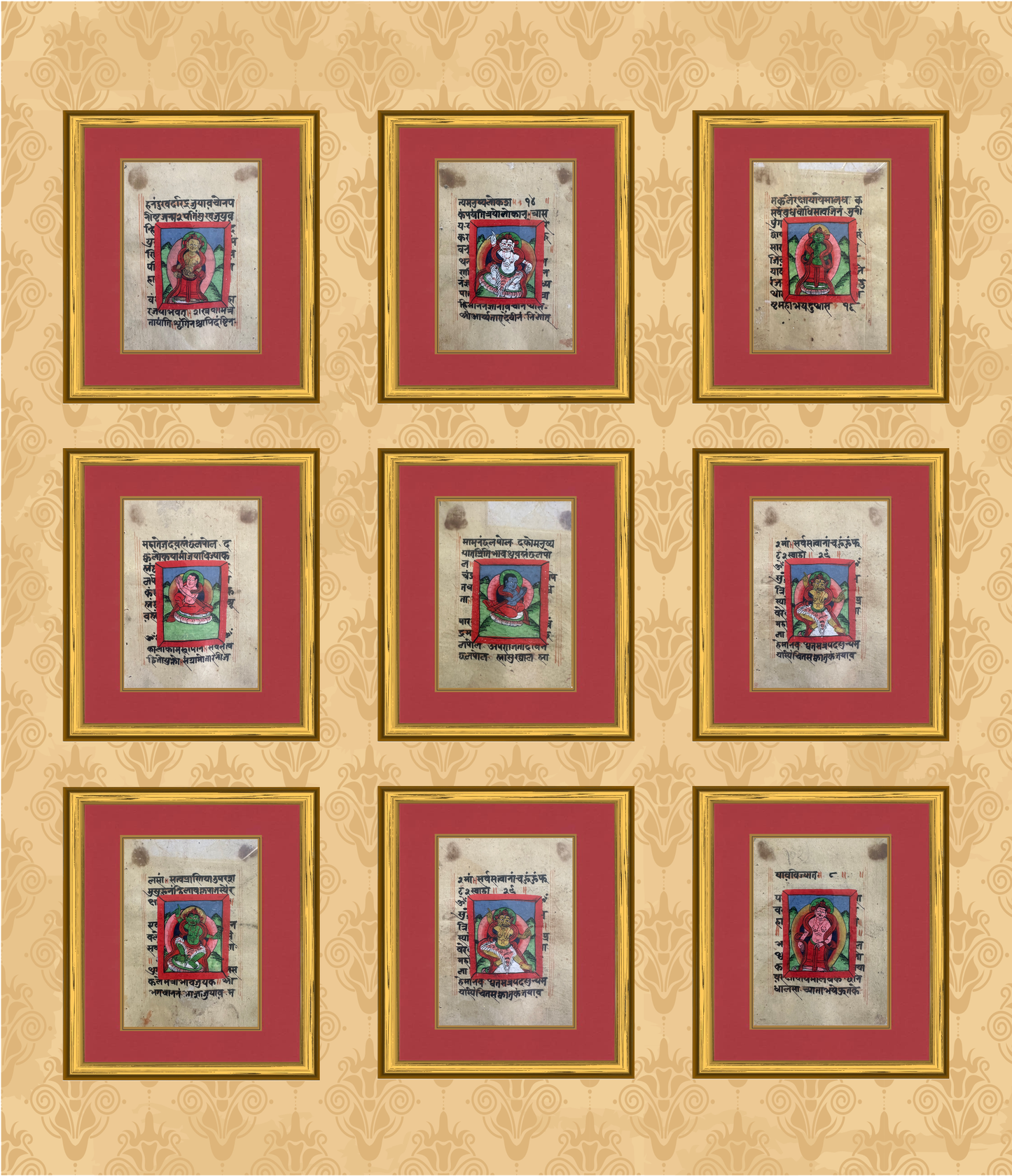 Tibetan Manuscript Paintings, Painting set of 9, Antique Buddhist Paintings, Buddhist Painting, Tibetan Art, Antique Art, Wall Art Original, Hand Painted, Series - 7 - DharBazaar