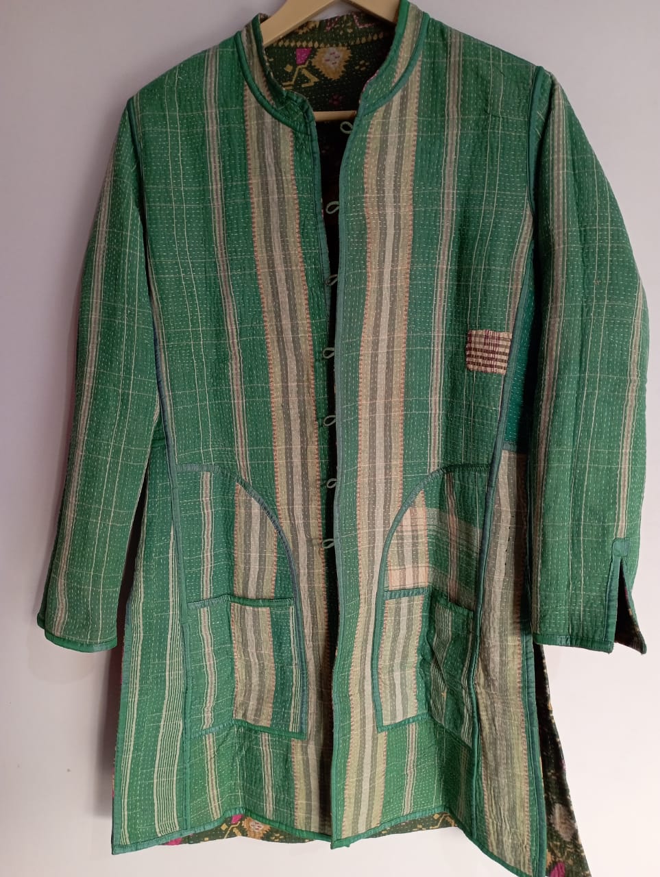Green Ikat Kantha Long Line Jacket - DharBazaar